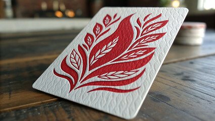 Close up of a decorative tile with a red floral pattern on a wooden surface