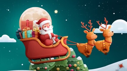 Animated santa claus in a sleigh with reindeer against night sky - Powered by Adobe