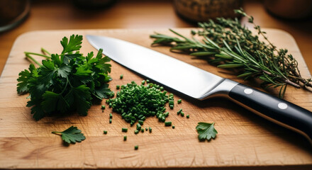 Herbs cooking preparation chopping board kitchen knife rosemary and parsley ingredients seasoning