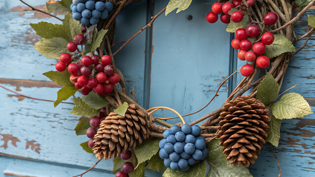 Rustic autumn wreath with grapes pinecones and berries on blue wood