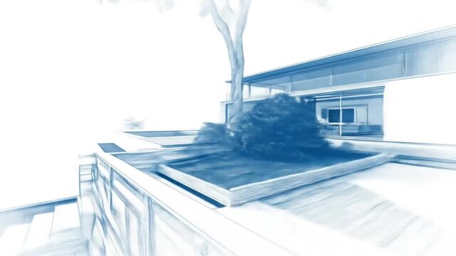 Architectural blueprint of modern house with deck and trees