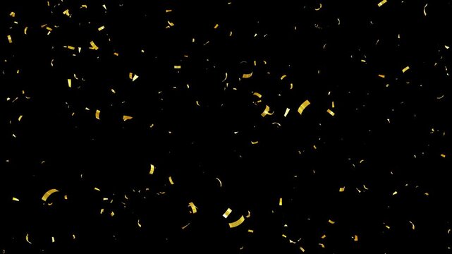 4K Shiny Metallic Gold Confetti Falling Seamless Looping Video on Black Background with glittering festive particles. real gold confetti rain isolated for festive holiday celebrations
