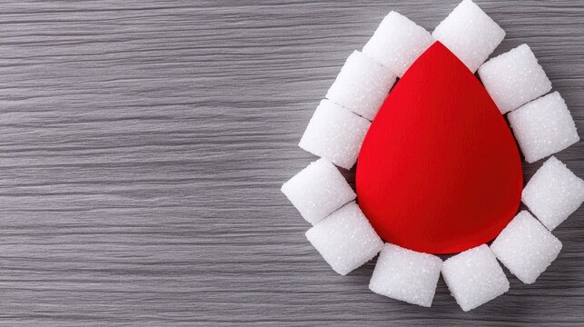 A creative arrangement of a red paper drop surrounded by white sugar cubes on a textured grey wooden surface, perfect for sweet-themed designs