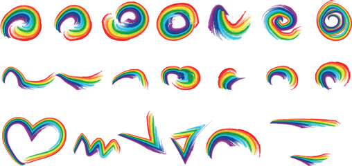 Collection of rainbow brushstrokes and shapes on white background for creative designs