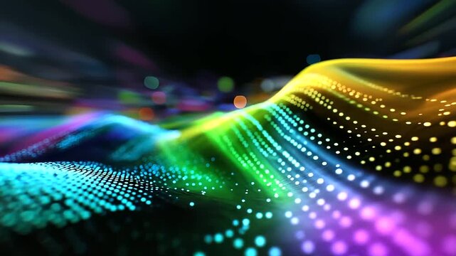 Blurred motion designer with sharp detailed view of vibrant rainbow pixel pattern on digital display, with copy space
