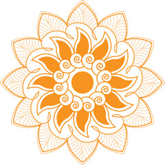 Orange and White Outline Flower Mandala Vector Design with Swirls and Leaf Motifs