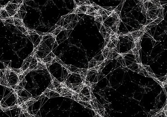 An abstract image depicting a complex network of interconnected nodes and lines against a dark background, creating a sense of connectivity