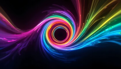Vibrant neon light waves in a futuristic vortex design, blending glowing rainbow colors that create a dynamic, modern, and mesmerizing digital abstract background