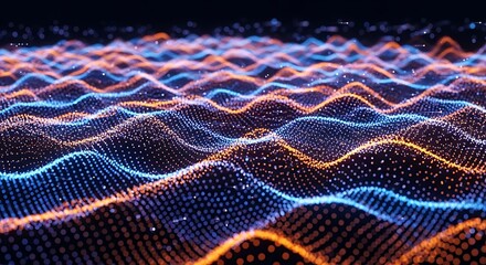 An abstract visualization of a wavy, undulating landscape composed of glowing orange and blue dots against a dark backdrop