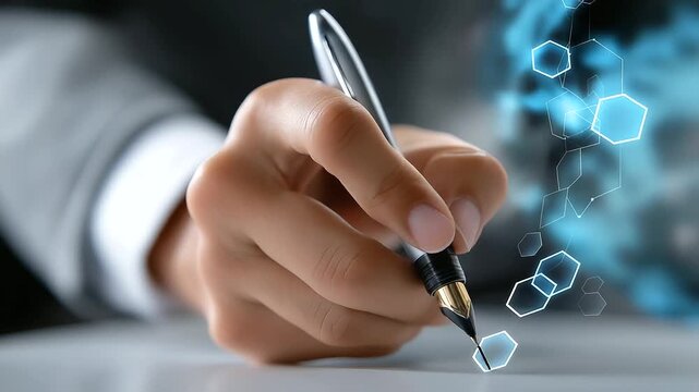 Anonymous illustrator's hand with pen while defocused and crystal clear geometric honeycomb pattern visible, with copy space