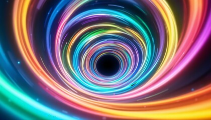 Vibrant neon light waves in a futuristic vortex design, blending glowing rainbow colors that create a dynamic, modern, and mesmerizing digital abstract background