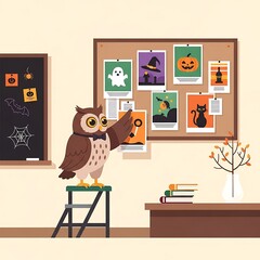 An animated owl in a room with Halloween decorations, a chalkboard, and a bulletin board showing images of Halloween
