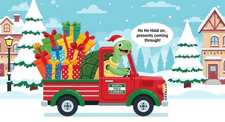 An animated scene of a tortoise driving a truck loaded with colorful Christmas gifts through a snowy town