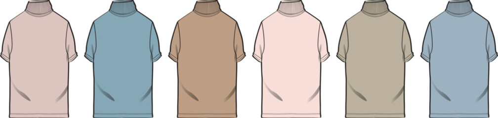 Collection of stylish, minimalist, solid color turtleneck t-shirts in various hues for fashion apparel