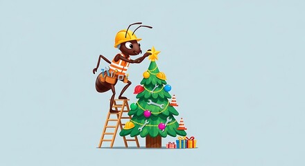 An anthropomorphic ant, clad in work attire, decorates a Christmas tree with construction tools and ornaments