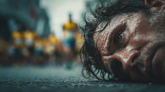 Exhausted man with wet hair collapsing after completing a grueling marathon in muted tones
