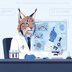 An anthropomorphic bobcat scientist in a lab coat examines data on a futuristic screen. A microscope sits nearby