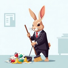 An anthropomorphic bunny in a suit sweeps up trash in an office.  Includes banana peels, paper and cans