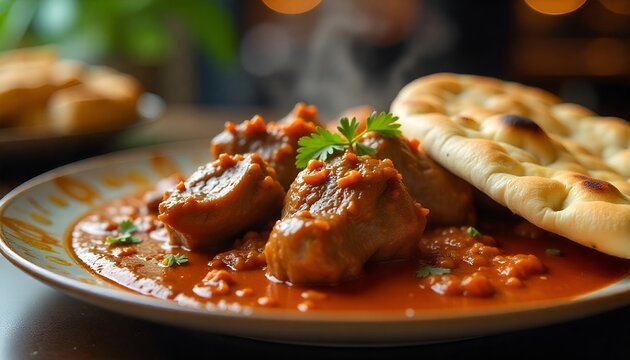 Close-up of glistening lamb paye with naan, steam rising, vibrant colors, restaurant setting, soft focus.