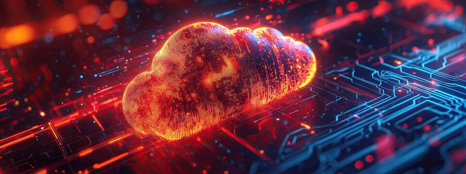 A glowing red cloud with digital circuit patterns and neon blue lines, symbolizing cloud computing