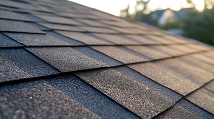 A close-up shot of a roof with asphalt shingles, showcasing the texture and pattern. The lighting highlights the granular surface. Durable roofing for reliable protection.