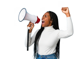 Young black woman with megaphone shouting and raising fist isolated on transparent background
