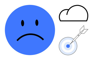 Blue sad face expressing negativity, cloud signifying thoughts, and dart hitting bullseye representing achieving goals. Ideal for emotions, mental health, motivation, success, problem-solving