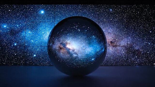 A sphere reflects a waterfall/starry sky display. A contrast between nature and cosmos