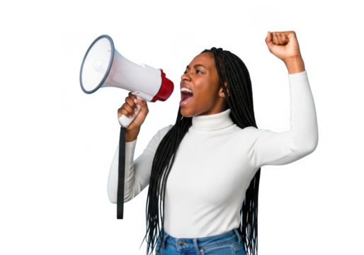 Young black woman with megaphone shouting and raising fist isolated on transparent background - Powered by Adobe