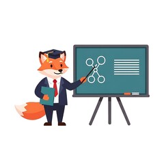 An anthropomorphic fox, dressed in a suit and graduation cap, is pointing at a science diagram on a chalkboard
