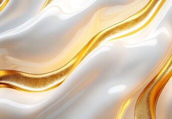 An abstract wavy pattern with white base and flowing golden lines resembling marble or liquid