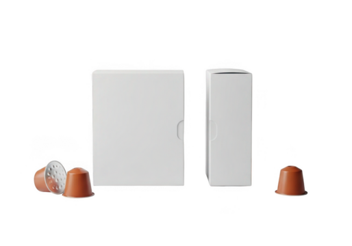 Two white rectangular boxes and three small orange objects isolated on transparent background