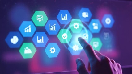 Hand touching interactive screen with glowing hexagonal icons, suggesting data analysis and digital interface - Powered by Adobe