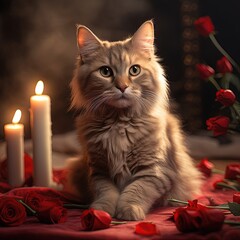 Cat surrounded by candles and roses elegant atmosphere