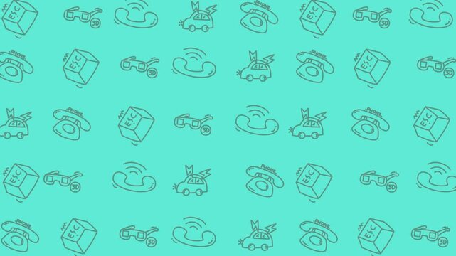 Abstract seamless wave pattern for computer backgrounds, featuring retro telephone, communication, and digital design elements on a teal backdrop