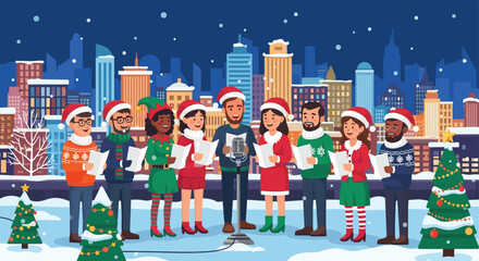 Charming carolers singing Christmas songs under the falling snow in the city, spreading holiday cheer and joy with vintage microphone