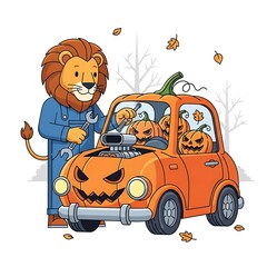 An anthropomorphic lion in overalls works on a pumpkin-shaped car with jack-o'-lanterns inside. Autumn leaves and bare trees decorate the background