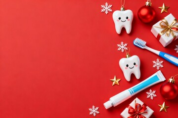 Polished dental mirrors, instruments, miniature toothpaste tubes, and floss arranged as decorative ribbons on solid red background with delicate snowflakes and gold stars, minimalist New Year greeting