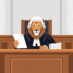 An anthropomorphic lion judge sits behind a wooden desk holding a paper, wearing a wig and robe in a courtroom setting