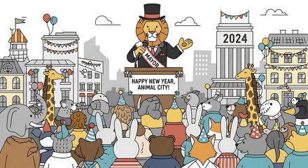 An anthropomorphic lion mayor, top hat and sash, addresses a crowd of animal citizens, celebrating New Year's in their city