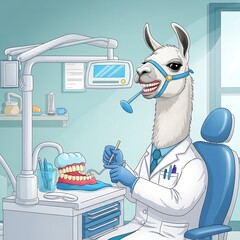 An anthropomorphic llama, dressed as a dentist, examines teeth in a dental office. The animal is wearing a lab coat and gloves