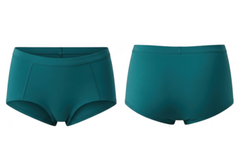 Two teal high waisted bikini bottoms shown from front and back isolated on transparent background