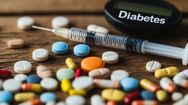 Medications for diabetes: Syringe, glucometer and various pills on wooden table. Treatment for diabetes involves medication, insulin injections, and monitoring blood sugar levels.