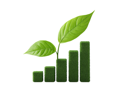 Green leaf shaped into rising bar chart symbolizes success and eco friendliness, representing growth and sustainability in business and nature - Powered by Adobe