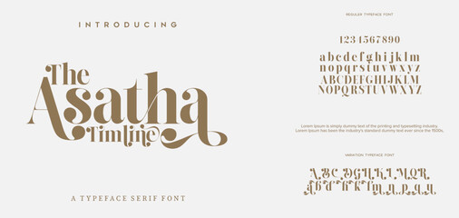 The Asatha premium luxury elegant alphabet letters and numbers. Elegant wedding typography classic serif font decorative vintage retro. Creative vector illustration