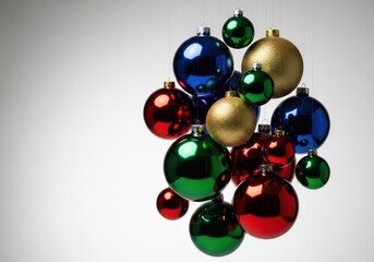 Hanging cluster of red, green, blue, and gold Christmas baubles against a simple white background