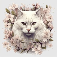 Cat portrait framed by delicate spring cherry flowers
