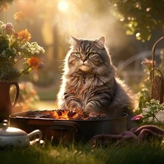 Cat enjoying warm sunset light beside barbecue grill