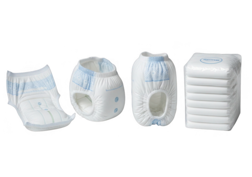 Four different types of baby diapers displayed in a row isolated on transparent background
