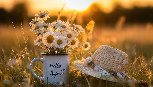 A peaceful summer scene featuring a white mug labeled "Hello August" filled with fresh white daisies - Powered by Adobe